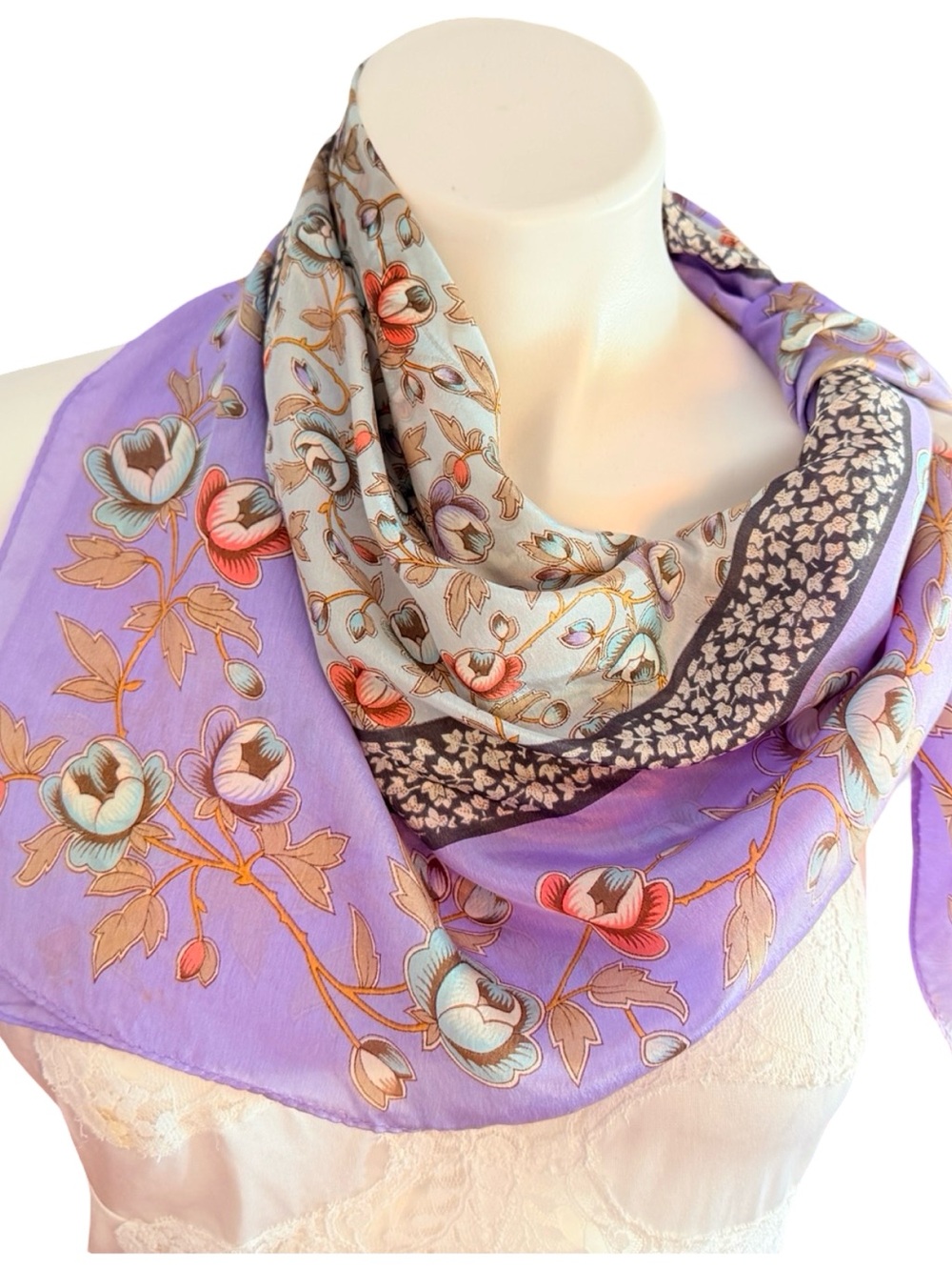 Lavender Silk Scarf Floral Tulip Botanical Print 30x30 Sheer Fine Vintage